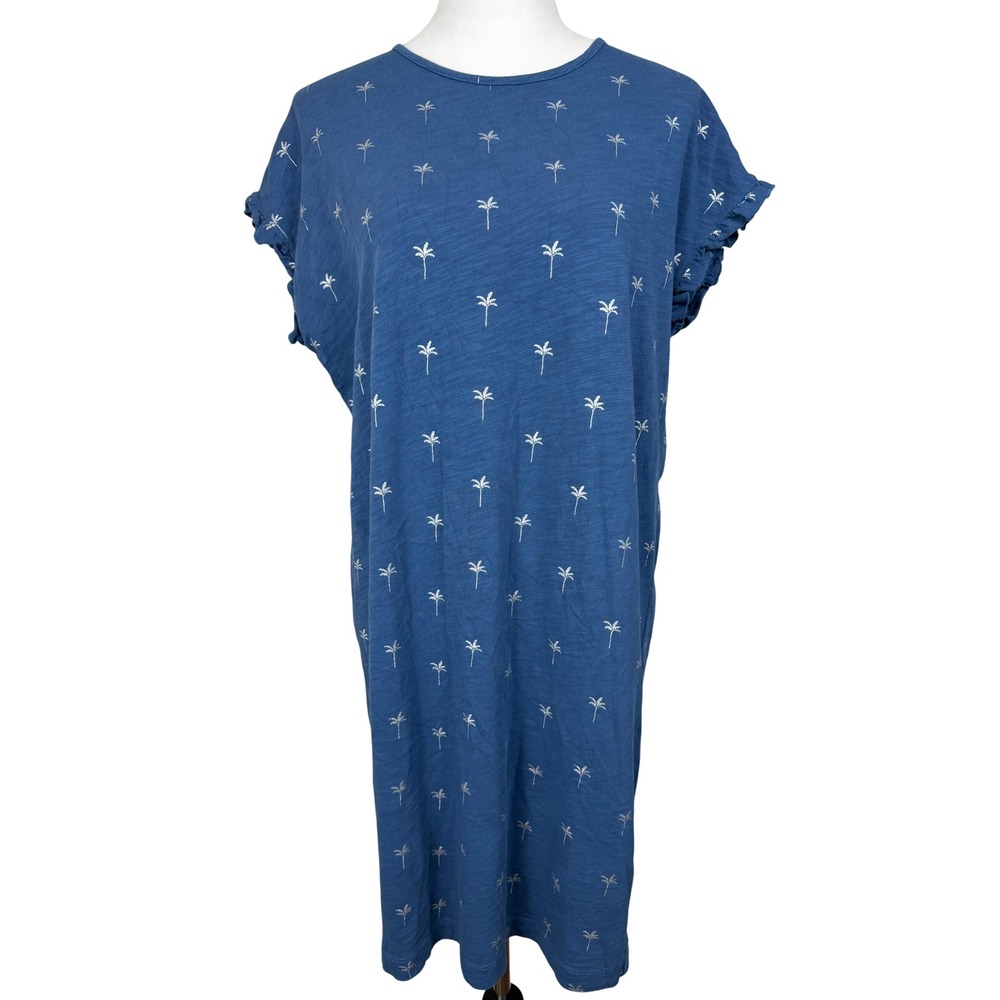 Boden Women 100% Cotton T-Shirt Dress 8R Blue Palm Tree Ruffle Sleeve Mini